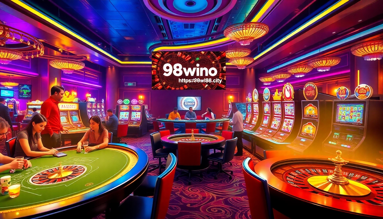 Gambling action at a casino featuring tables and players, promoting https://98win68.city/ for exciting game experiences.